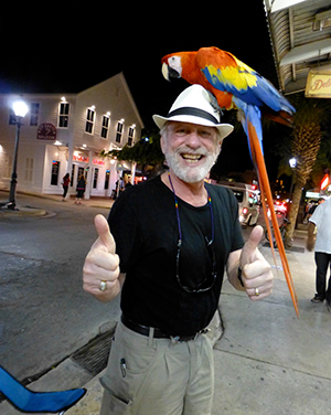 Lenny Frieling with Parrot on Head in Key West, FL. 